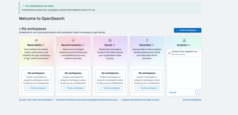 Home page showing Migrate dashboards from data sources button