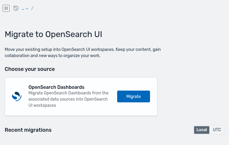 Migration page showing Choose your source section and Recent migrations table